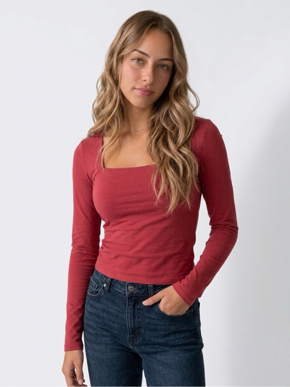 Wild Fable Red Square Neck Long Sleeve Top XS
